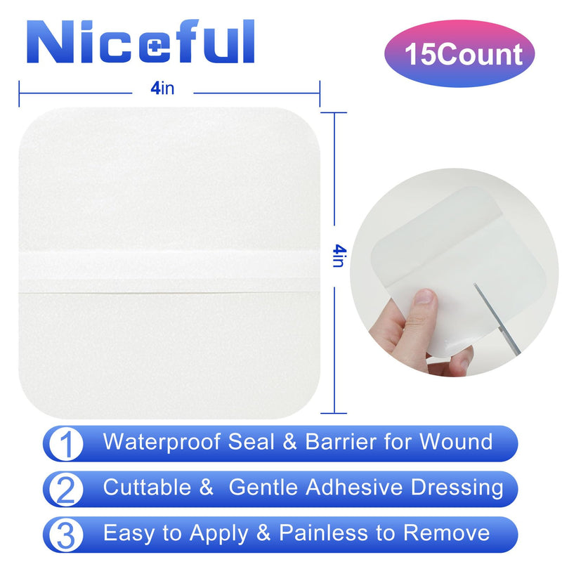 Niceful 15 Count Hydrocolloid Bandages 4x4 in, Hydrocolloid Wound Dressing Healing Bandages for Wounds, Waterproof Wound Dressing Large 4" x 4" (15 Dressings)