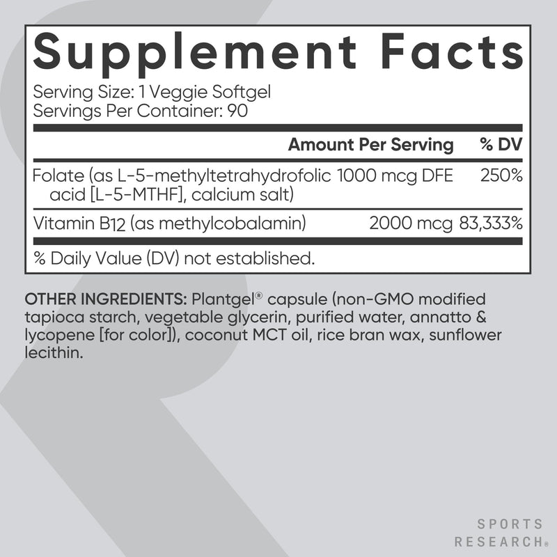Sports Research® 5-MTHF Methyl Folate w/Methylated B12, 90 Count Plantgels | 1000mcg L-Methylfolate & 2000mcg Methylcobalamin for Cellular Energy Support | Vegan B12 w/Coconut Oil | Non-GMO, Gluten Free