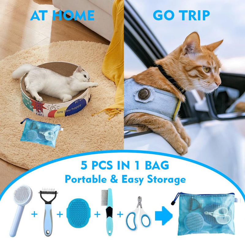 Cat Brush Grooming Kit 5pcs - Cat Brushes for indoor Cats, Cat Brush for Shedding for Long Haired Cats, Cat Brush for Matted Fur Hair, Pet Self Cleaning Kit with Flea Comb Set Blue - BeesActive Australia