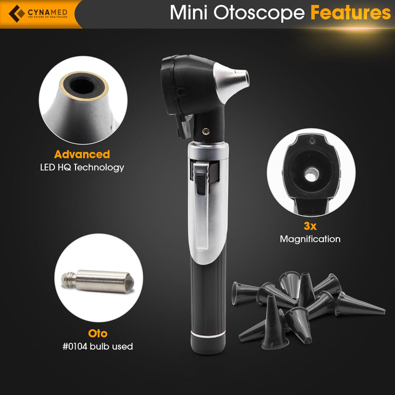 Cynamed Mini Otoscope - Portable Ear Light and Exam Kit for Home and Professional Use - 4X Magnifying Fiber Optic Scope with Spare Tips, Bulb, and Carrying Case - Pocket Diagnostic Equipment (Black) Black - BeesActive Australia