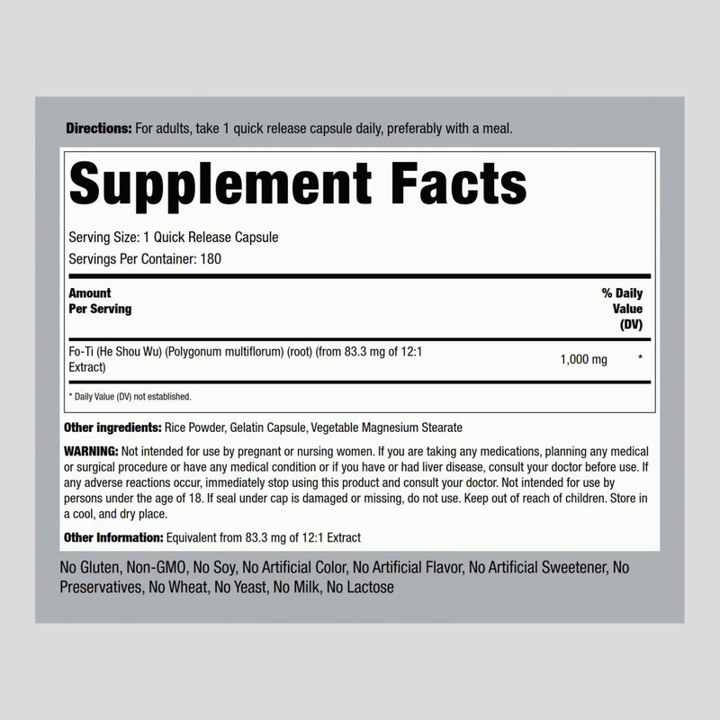 Piping Rock Fo-Ti Supplement | 180 Capsules | He Shou Wu Root | Concentrated Herbal Extract | Non-GMO, Gluten Free