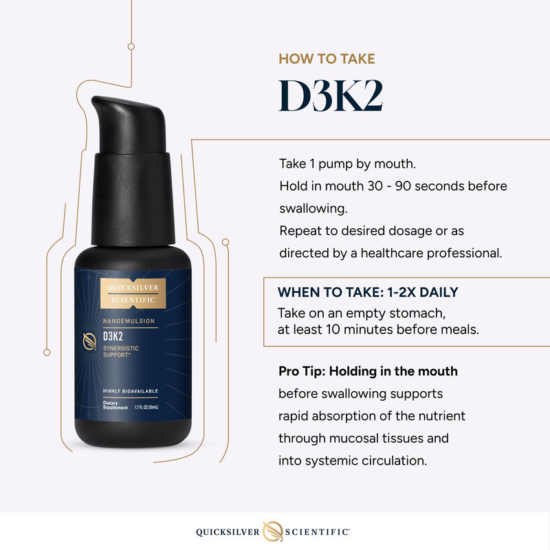 Quicksilver Scientific Nanoemulsified D3K2, 1.7oz / 50ml | Emulsified Liquid Vitamin D3 and K2 MK7 Liposomal Supplement for Heart, Bone Health and Immune Support, Cholecalciferol