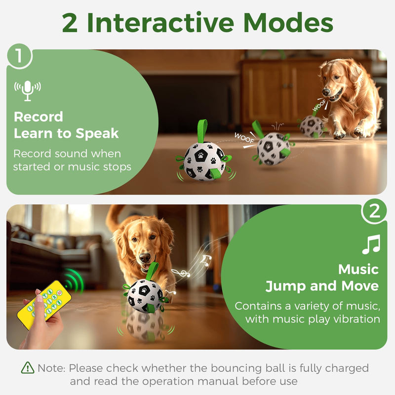 QDAN Interactive Dog Toys for Boredom, Dog Soccer Ball with Straps, Active Rolling Bouncing Ball for Dogs, Moving Dog Toy Jumping Chasing Music Record for Small Medium Large Pet Black+Green - BeesActive Australia