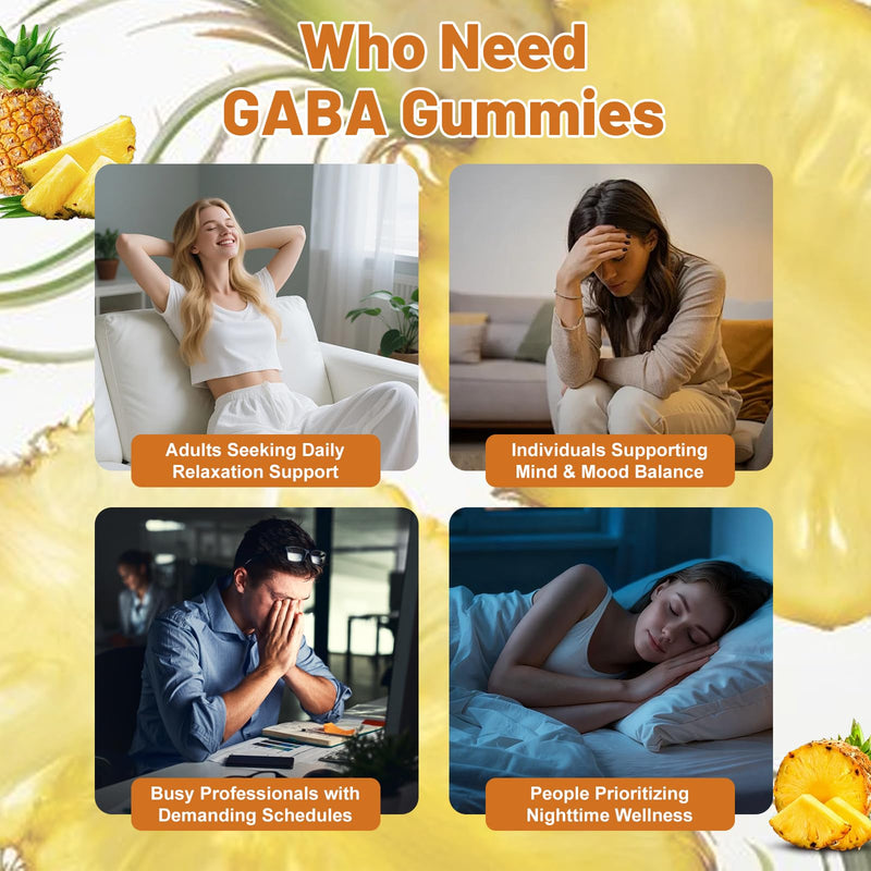 GABA Gummies for Women & Men - Sugar-Free GABA Supplement Gummies with L-Theanine, 5-HTP, Ashwagandha, Magnesium Glycinate, Vitamin B6, Vitamin D3 - Pineapple Flavor, Vegan, 60 Gummies