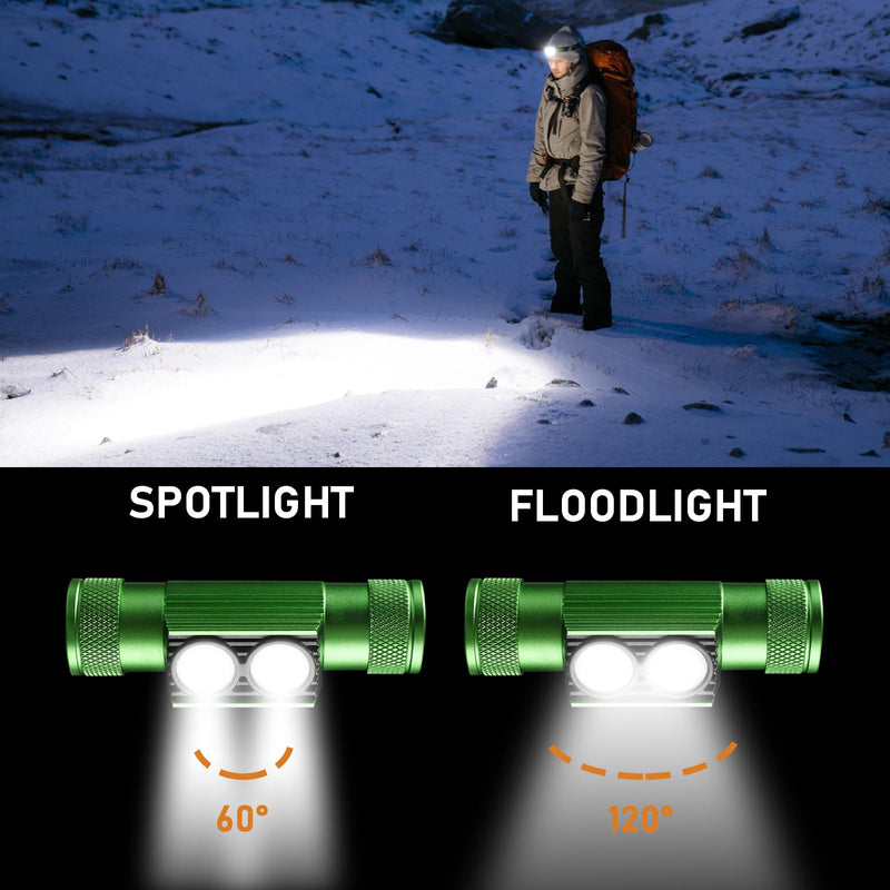 Headlamp, 1200 Lumens LED Rechargeable Headlamp for Adults, Long Runtime, Simple UI, Waterproof Head Lamp Flashlight for Outdoor Camping, Hiking, Fishing, Gifts for Family, Friends Green