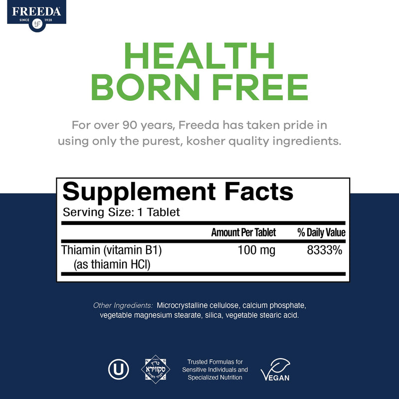 Freeda Vitamin B1 Thiamine 100mg - Supports Energy Metabolism, Nervous System Health - Kosher, Vegan, Gluten Free - Thiamin HCl 100 mg Vitamin B 1 - Pure Vit B1 Vitamin Thiamine B1 Supplement (100 Ct) | Energy Metabolism & Nervous System Health Support...