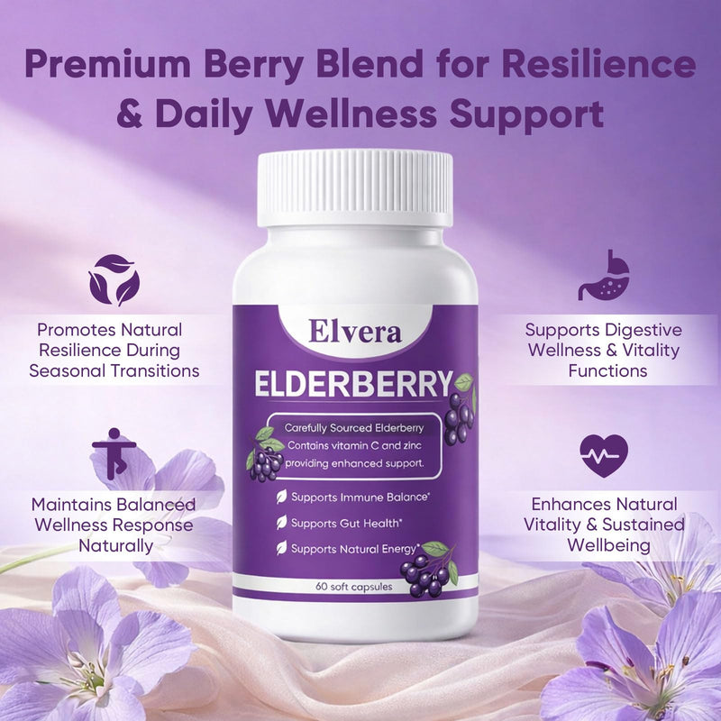 ELVERA Elderberry Gut Support | 1200mg Elderberry Extract, Vitamin C, Zinc | Daily Immune & Gut Support | Vegan, Non-GMO | 60 Capsules A