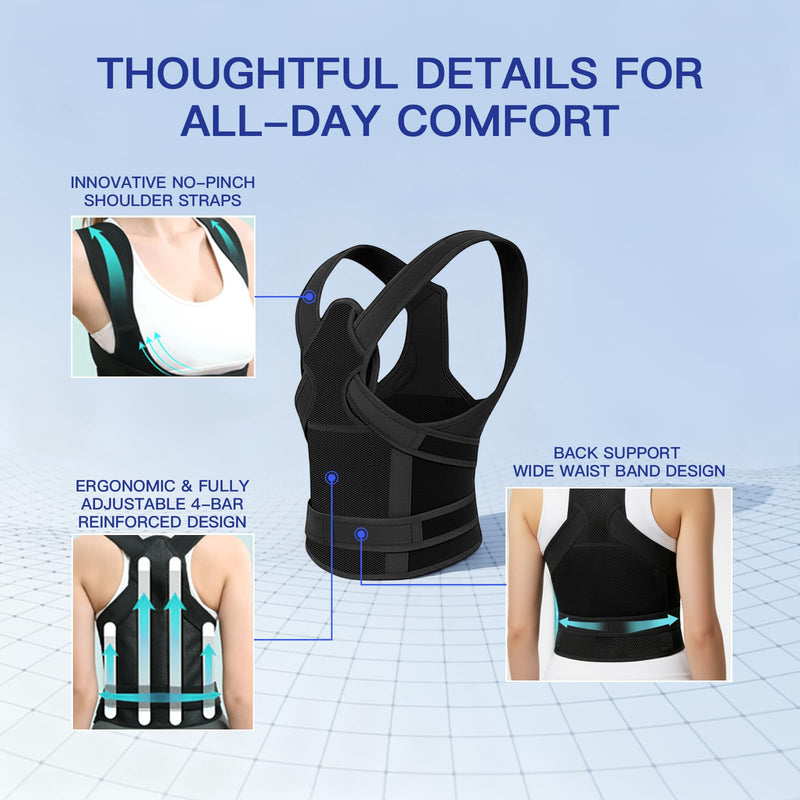 Posture Corrector for Women & Men, Back Brace Straightener with Adjustable Support, Relief for Neck/Shoulder/Back Pain, Scoliosis & Hunchback Correction, Breathable Mesh Design Medium Black - BeesActive Australia