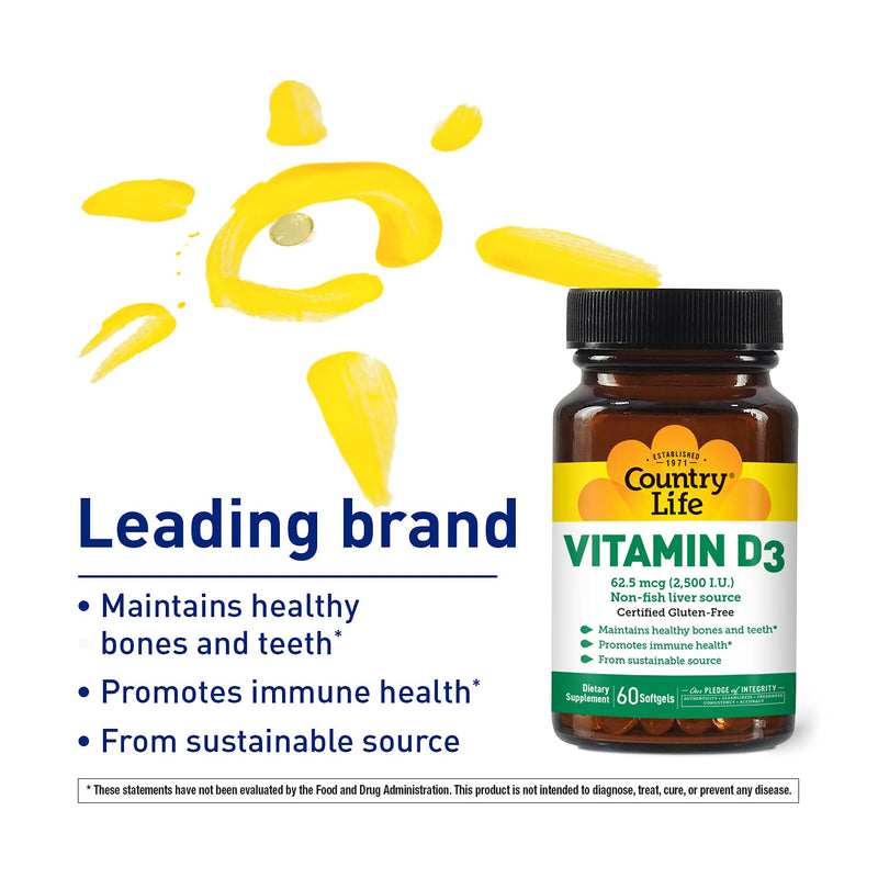 Country Life Vitamin D3 2500 IU, Non-Fish Source, 60 Softgels | Supports calcium absorption and helps maintain healthy bones, teeth and immune function with one convenient daily serving.