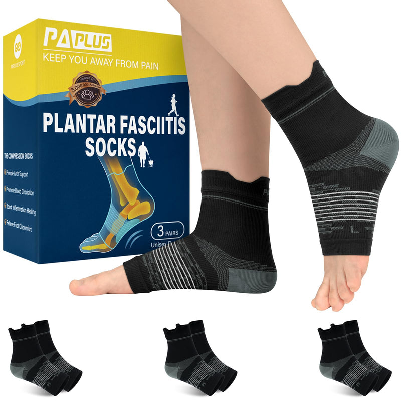 PAPLUS 3 Pairs Plantar Fasciitis Socks Women & Men - Ankle Compression Sleeve for Sprained Ankle, Heel Spur & Arch Support - Foot Brace for Achilles Tendonitis Relief, Arthritis Pain Black（3 pairs） Large - BeesActive Australia