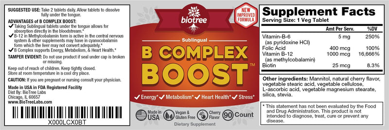 Vitamin B12 Sublingual B Complex Energy Pill B12 Methylcobalamin B6 Biotin & Folic Acid Natural Energy Supports Metabolism Heart Health & Stress Great Tasting Cherry Flavor! 100% Caffeine Free - 90 Count (Pack of 1)