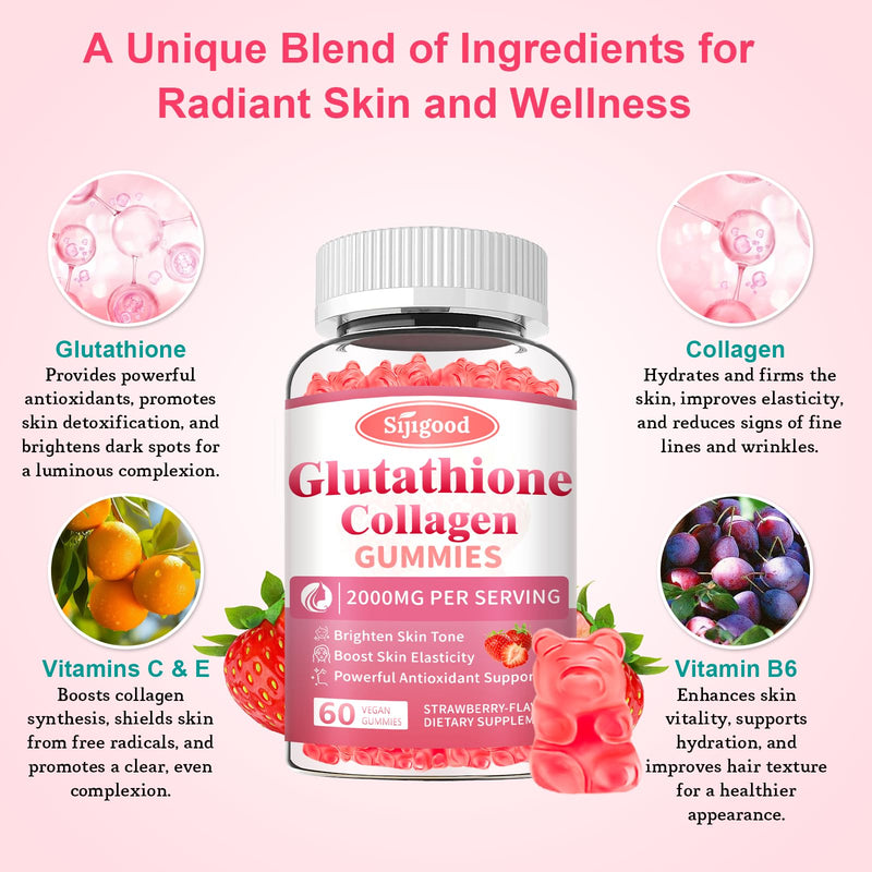 2 Pack Glutathione Collagen Gummies, Glutathione Supplement for Women | Sugar Free, Skin Brightening & Anti-Aging, Supports Hair, Skin & Nail Health, Strawberry Flavor, 120 Count 60 Count (Pack of 2)