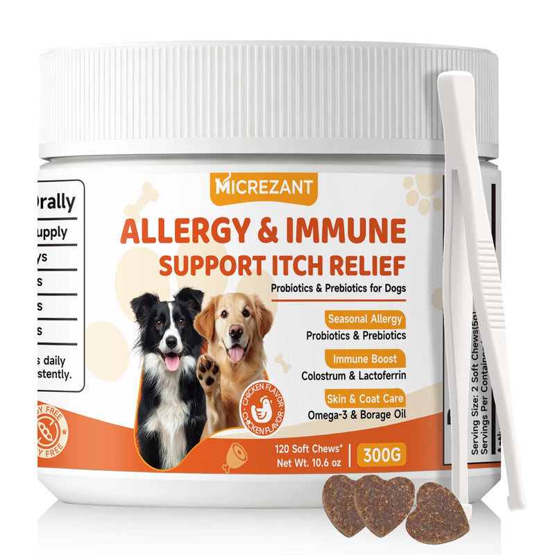 Dog Allergy Chews with Feeding Tweezers, Dog Probiotics for Itchy Skin and Ears, Bovine Colostrum, Lactoferrin and Multivitamins to Ssupport Immune Health for All Ages/Breeds, Chicken, 120 ct/300g
