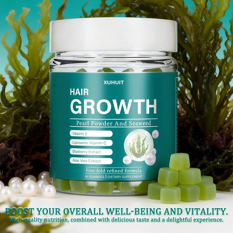 Hair Revive Gummies with Sea Moss & Pearl Powder - Supports Hair Growth, Skin Glow & Nail Strength for Women & Men - with Vitamins C, E & Aloe Vera, 60 Count (1) 1