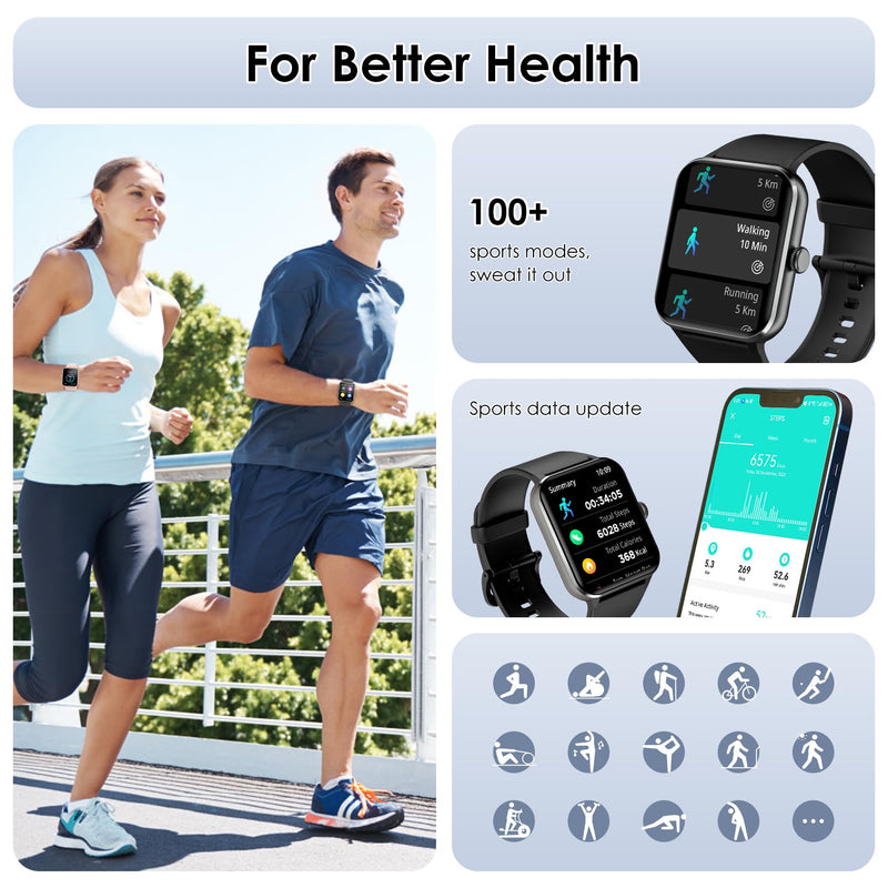 Smart Watch(Answer/Make Call), 1.85" Smartwatch for Men Women, 100+ Sport Modes, Pedometer, IP68 Waterproof Fitness Tracker, Heart Rate/Sleep Monitor, Smart Watches for Android & iOS (2 Straps) - BeesActive Australia