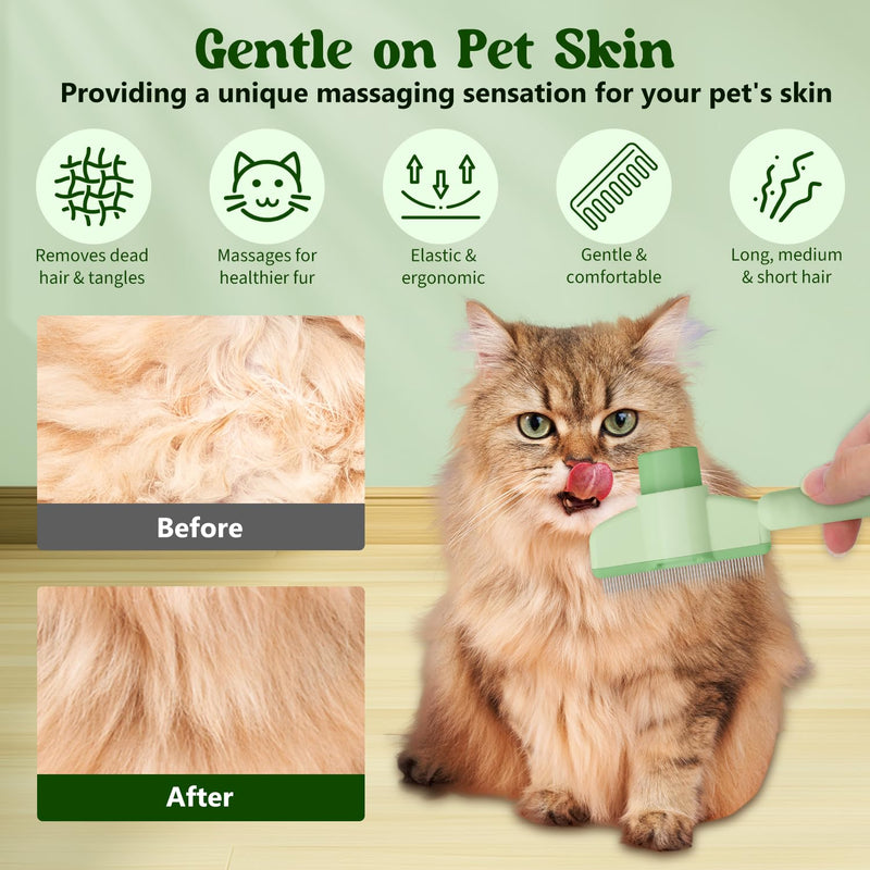 Pet Hair Removal Comb Flea Comb, 2025 New Cat Grooming Brush, Cat Brush with Release Button, De-Shedding Cat Hair Comb, Cat Grooming Supplies, Cat Brush for Short and Long Hair Cats (Green) Green - BeesActive Australia