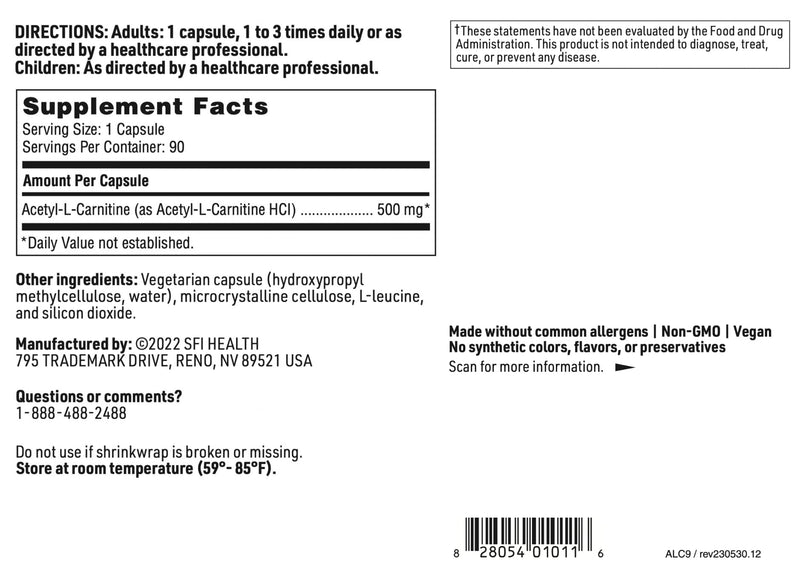 Klaire Labs SFI Health Acetyl-L-Carnitine 500 mg, 90 Capsules | Promotes Cognitive Health, Energy Production & Brain Support, Hypoallergenic Acetyl L-Carnitine Supplement