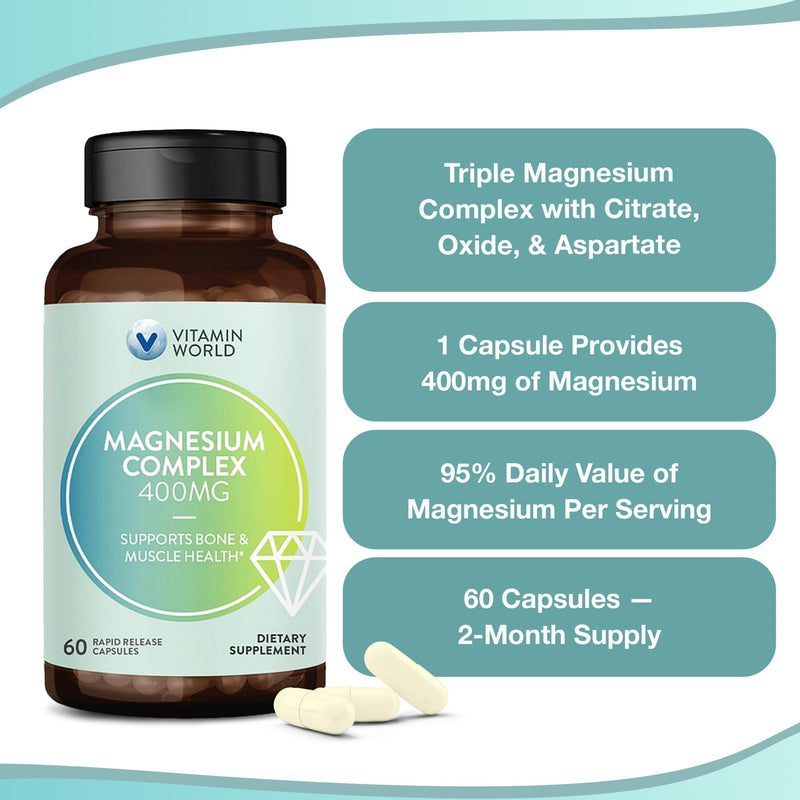 Vitamin World Magnesium Complex 400mg, 60 Capsules | Magnesium Citrate, Oxide & Aspartate for Bone, Muscle & Nerve Support, Optimal Absorption 3-in-1 Magnesium Supplement