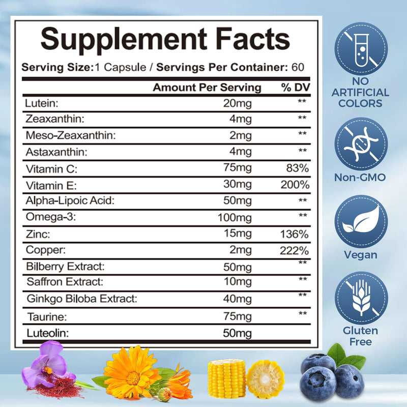 15 in 1 Advanced Eye Formula, Eye Vitamin and Mineral Supplement with Lutein, Zinc, Luteolin, Zeaxanthin & Bilberry Extract, 60 Count (1)