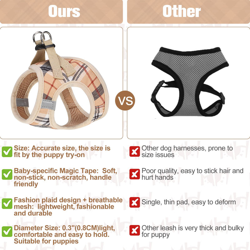 BEAUTYZOO Small Plaid Dog Harness and Leash Set for XS S Pets, Step in No Chock No Pull Soft Mesh Dog Vest Harnesses Reflective for Extra-Small/Small Medium Puppy Dogs and Cats, Beige S Small(Chest Girth 14.5" - 16") - BeesActive Australia