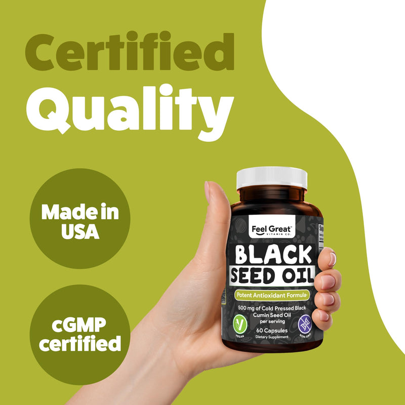 Feel Great Vitamins Black Seed Oil Softgels – Cold-Pressed Nigella Sativa with Vitamin E – 500mg – 60 Vegan Capsules – Non-GMO, Made in USA