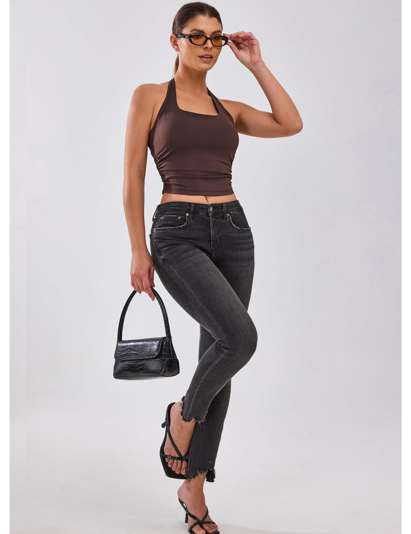 BMJL Womens Halter Built in Bra Workout Sports Tank Tops Buttery Longline Stappy Gym Crop Tops Coffee X-Large - BeesActive Australia