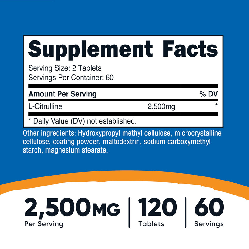 Nutricost L-Citrulline 2500mg Per Serving, 60 Servings, 1250mg Per Tablet, 120 Tabs - Non-GMO and Gluten Free Supplement (Pack of 2) 120 Count (Pack of 2)