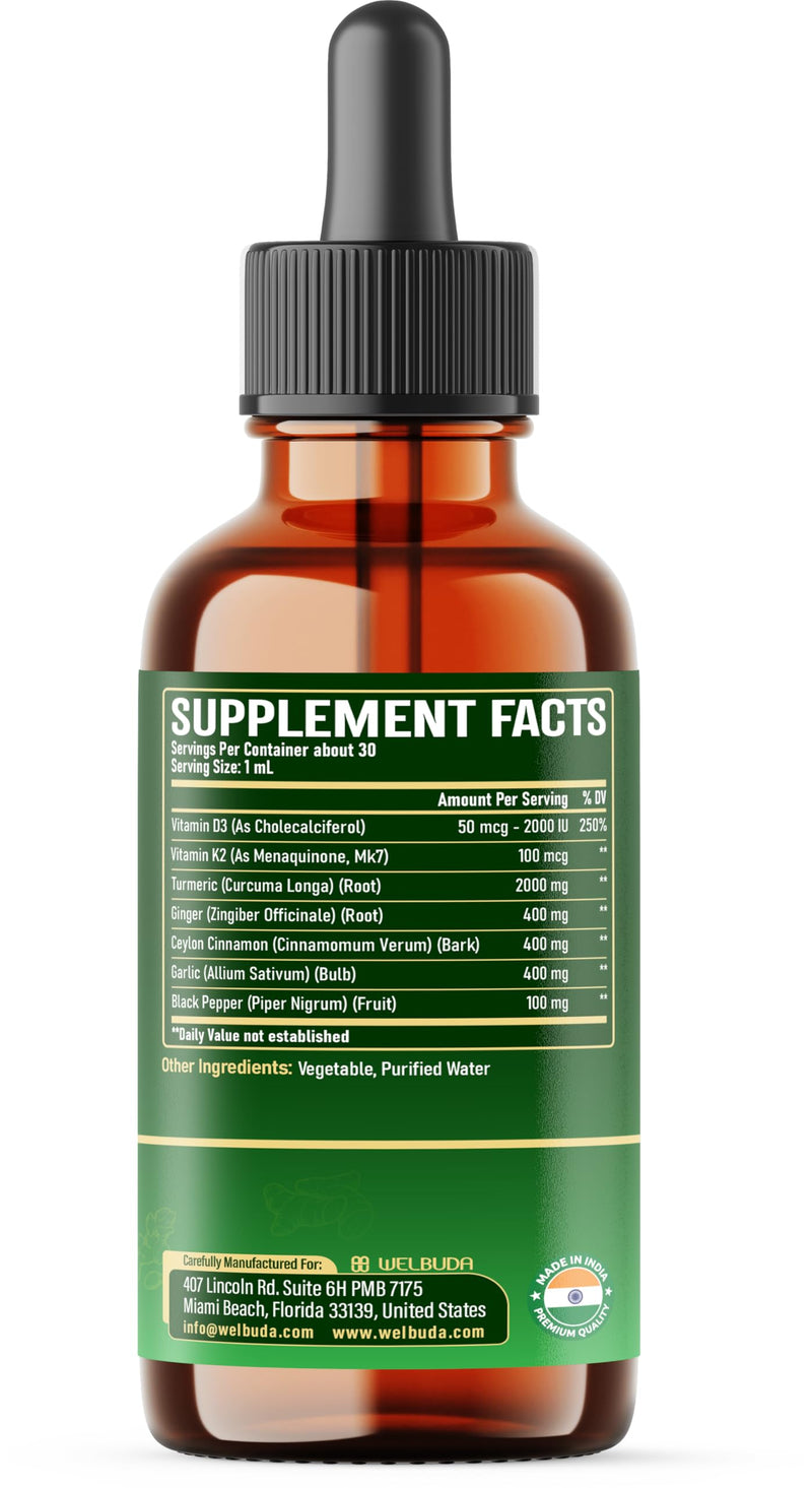 7in1 Liquid Turmeric Curcumin with Vitamin D3, Vitamin K2, Ginger, Ceylon Cinnamon, Garlic, Black Pepper - Drops Extract - 2 Packs of 30ml - 2 Month Supply