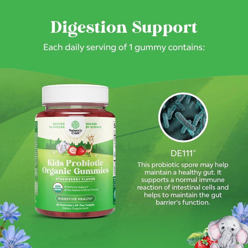 USDA Organic Kids Probiotic Gummies - Gut Bacteria Probiotics for Digestive Health & Stomach Relief - Gentle 2.5B CFU Kids Immune Support & Gut Heath Supplement - Vegan & Non-GMO Chews - 60 Count 60 Count (Pack of 1)