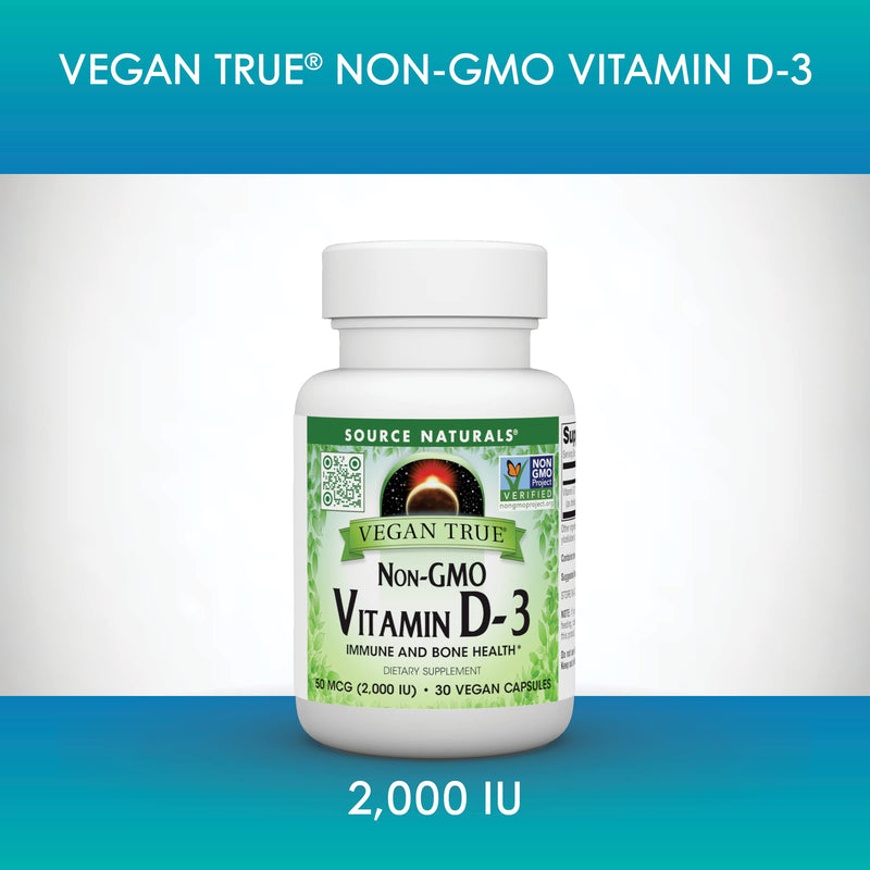 Source Naturals Vegan True, Vitamin D-3, 2,000 IU - 30 Vegan Capsules | Non-GMO | Immune and Bone Health* 30 Count (Pack of 1)