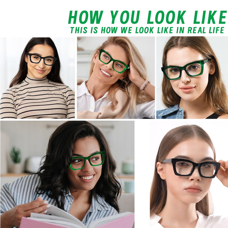 Hubeye Oprah Style Reading Glasses for Women Men Blue Light Blocking Computer Square Readers with Spring Hinge Black/Green 1.5 Diopters - BeesActive Australia