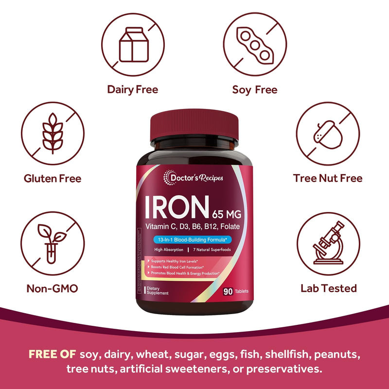Doctor's Recipes Iron Supplement for Women & Men, Iron 65 mg with Vitamin C, D3, B6, B12, Folate, Beet Root, Pumpkin Seeds, for Energy & Red Blood Cell Support, 90 Tablets