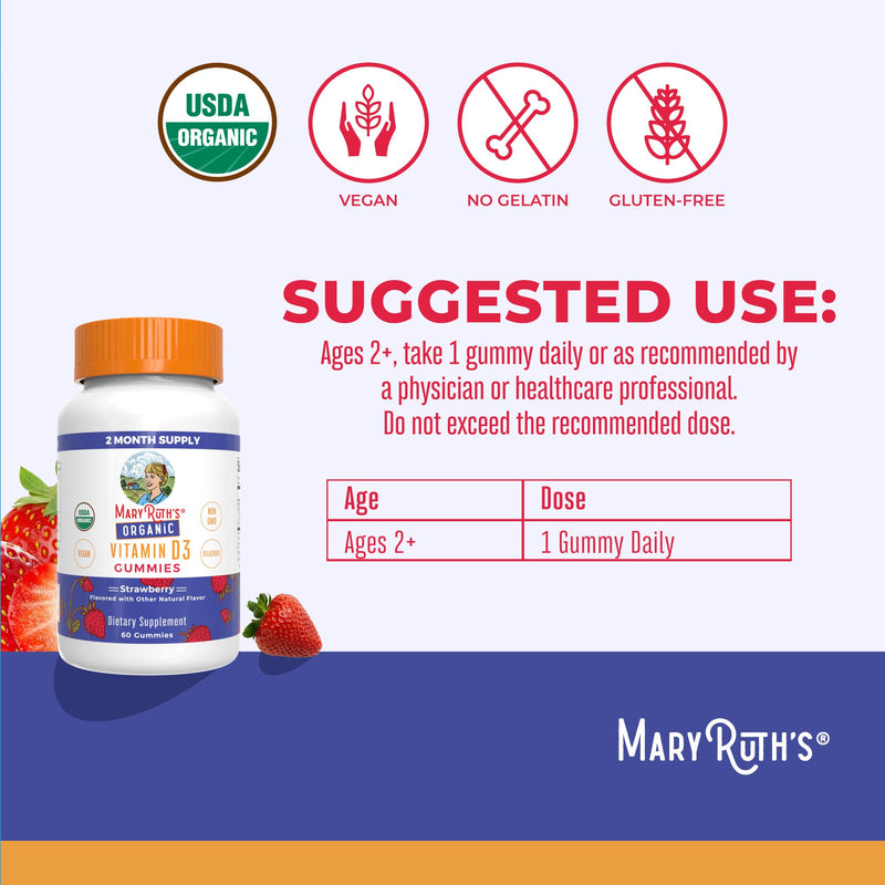 MARYRUTH'S Organic Vitamin D3 Gummies, 1000 IU, Immune Support, 60 Count | USDA Organic, Immune Support, Bone Health, Muscle Function, For Adults & Kids Ages 2+