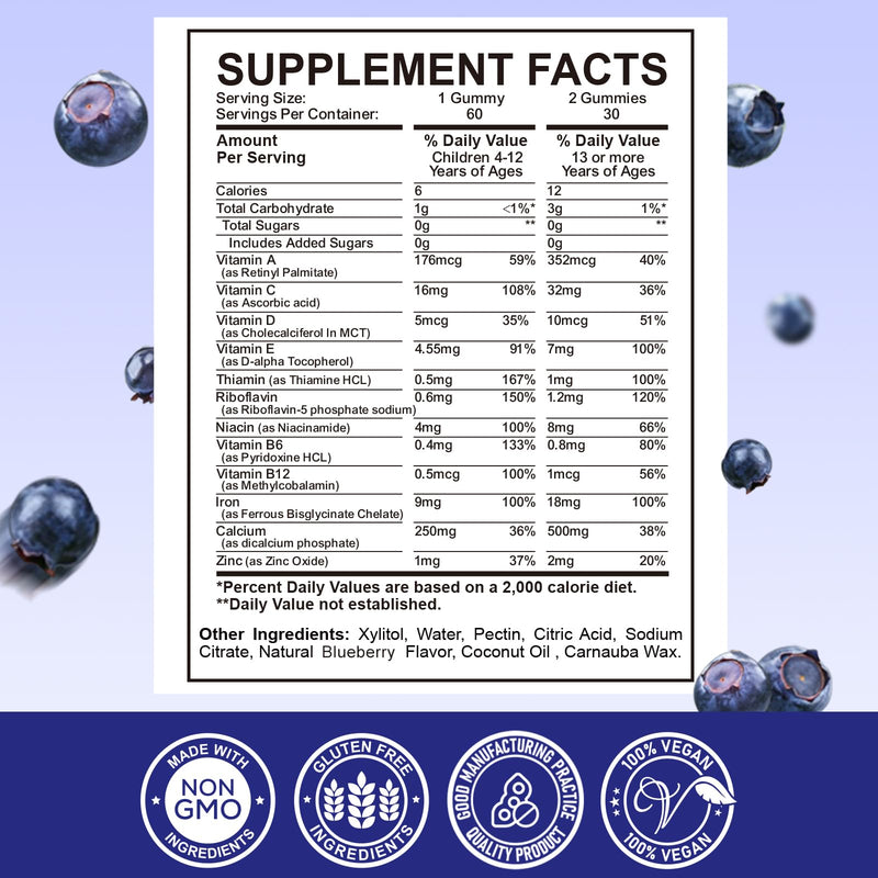 with Calcium, Zinc, Kids Multivitamin with Iron Gummies - Immune Support, Blood Builder & Energy Support for Iron Deficiency, Anemia, Vegan - 60 Gummies Blueberry Flavor 60 Count (Pack of 1)