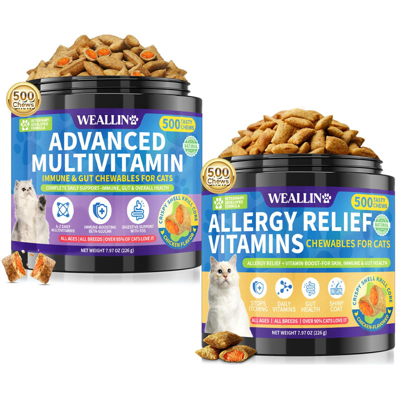 WEALLIN Cat Supplement Bundle, Taurine Multivitamin Chews & Allergy Relief Chews, 2 x 500 Crunchy Treats for Heart, Vision, Immunity, Digestion, Skin, Coat & Seasonal Support