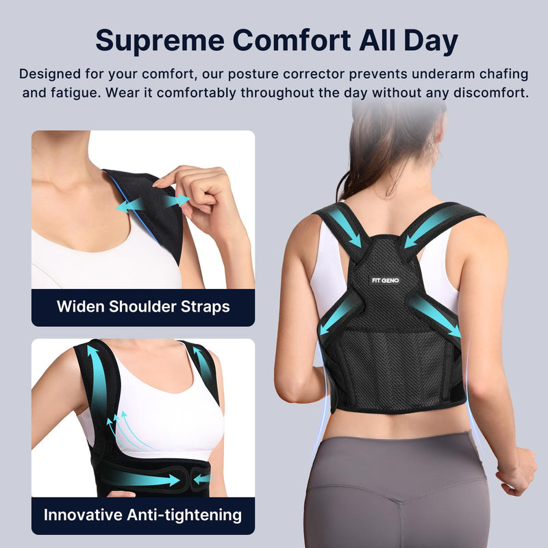 Fit Geno Posture Corrector for Women & Men: Adjustable Lightweight Upper Back Brace for Neck Shoulder & Upper Back Pain Relief - Improve Posture Correct Hunchback Slouching Invisible Under Clothes (M/L Under Bust 35" - 47") Black Medium/Large