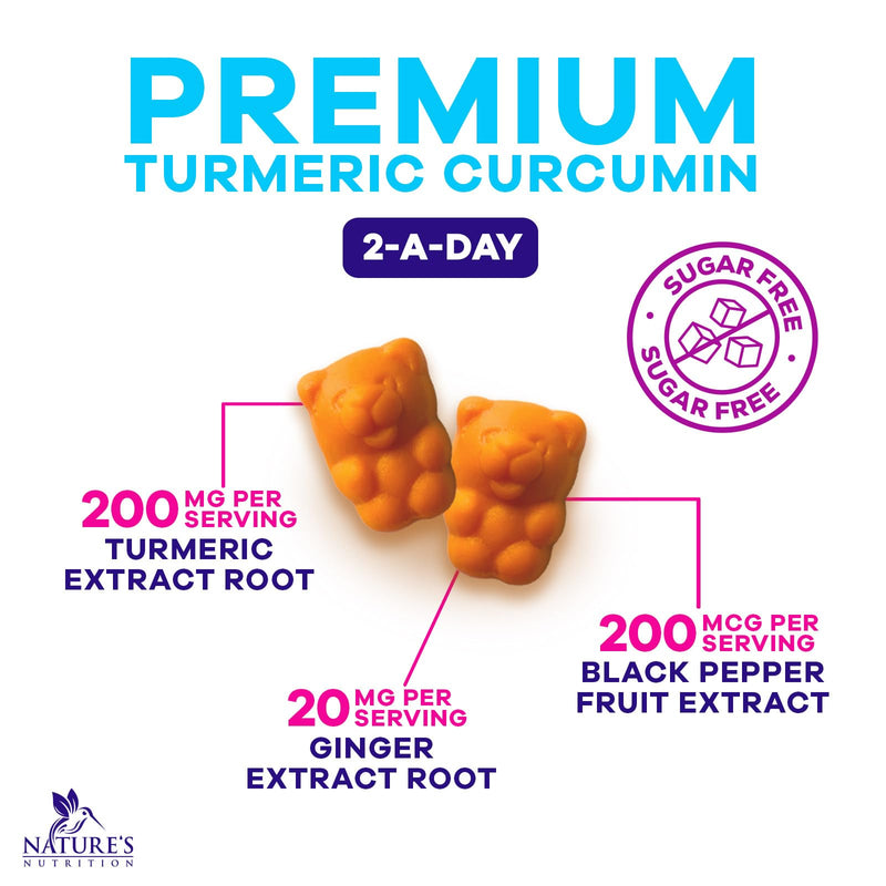 Turmeric Curcumin Gummies Sugar Free Supplement - 95% Curcuminoids with Turmeric & Ginger, Black Pepper for Best Absorption, Nature's Vegan Joint Support, Non-GMO, Tasty Peach Flavor - 60 Gummies