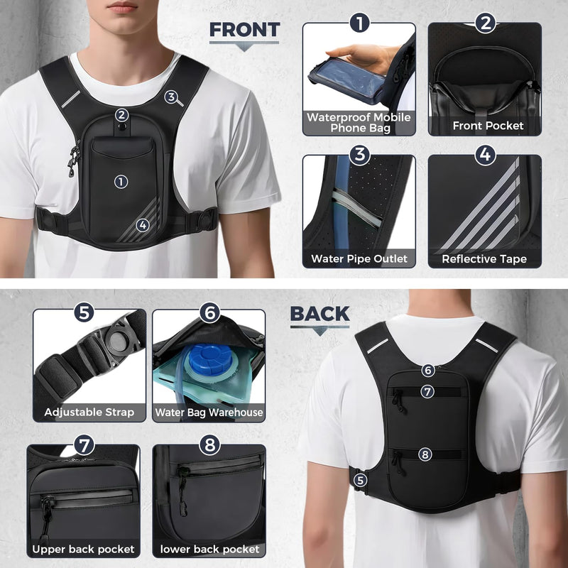 Running Hydration Vest Backpack Chest Bag with 800 ML Water Bladder, Minimalist Lightweight Running Vest for Women Men with Phone Holder, Extra Storage for Hiking Cycling Marathon Full_Black One Size