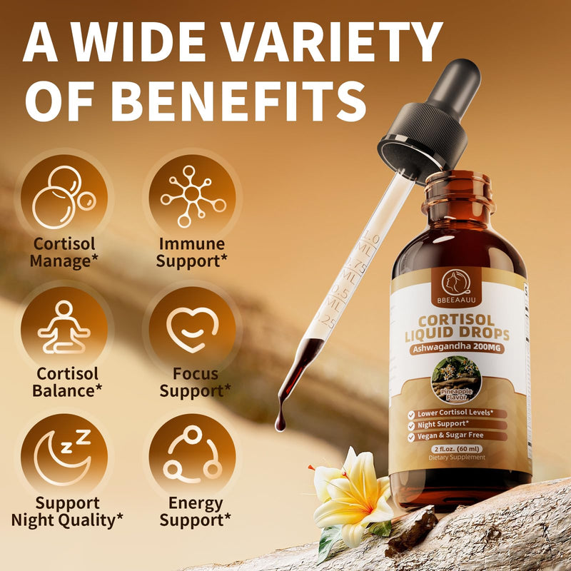 Cortisol Supplements for Women & Men, 21-in-1 Cortisol Manager Reducer | Liquid Drops with 200mg Ashwagandha, L-Theanine & Phosphatidylserine, Support Night, Focus & Energy, Pineapple, 60ml 2 Fl Oz (Pack of 1)