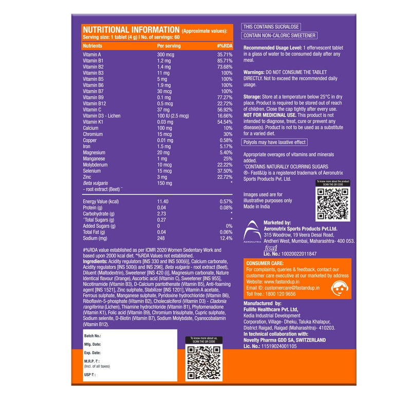 Fast & Up Vitalize Multivitamin Supplement - One Daily - 21 Vitamins and Minerals - Natural Beetroot Extract for Men and Women - 60 Effervescent Tablets - Orange Flavour