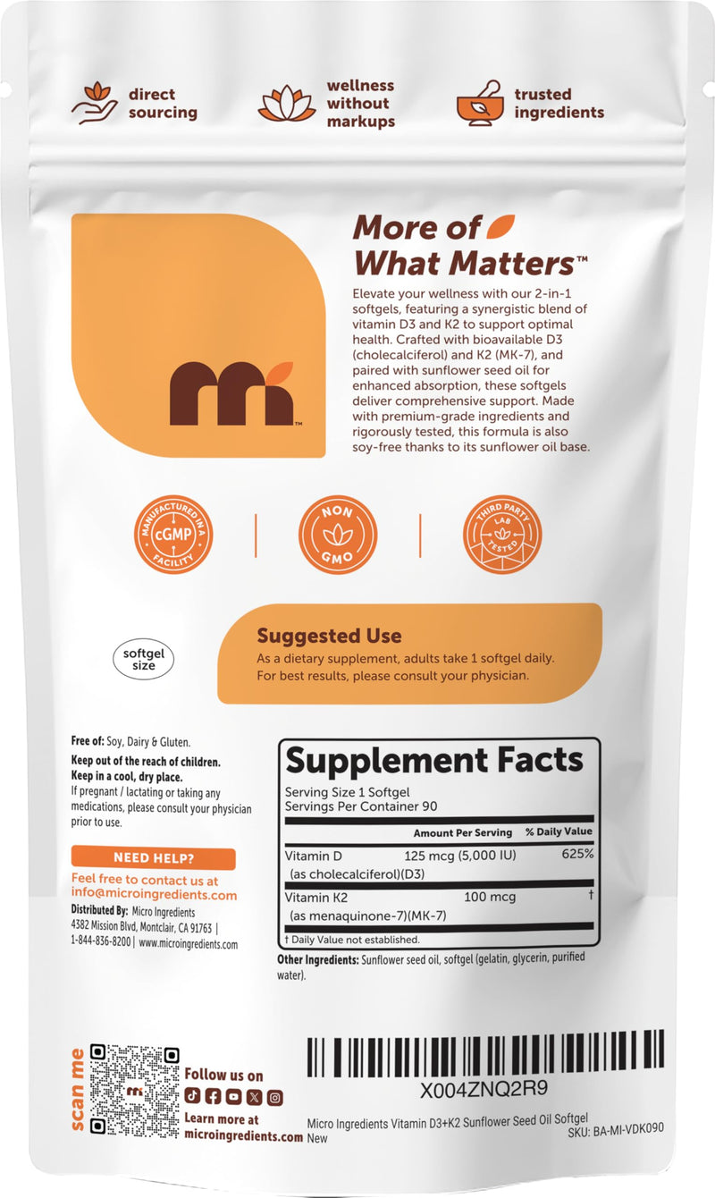 Micro Ingredients Vitamin D3 5,000 IU + K2 MK-7 100 mcg Per Serving, 90 Softgels | 2-in-1 D3 K2 Supplement | Easy-to-Swallow, Non-GMO, Gluten Free 90 Count (Pack of 1)