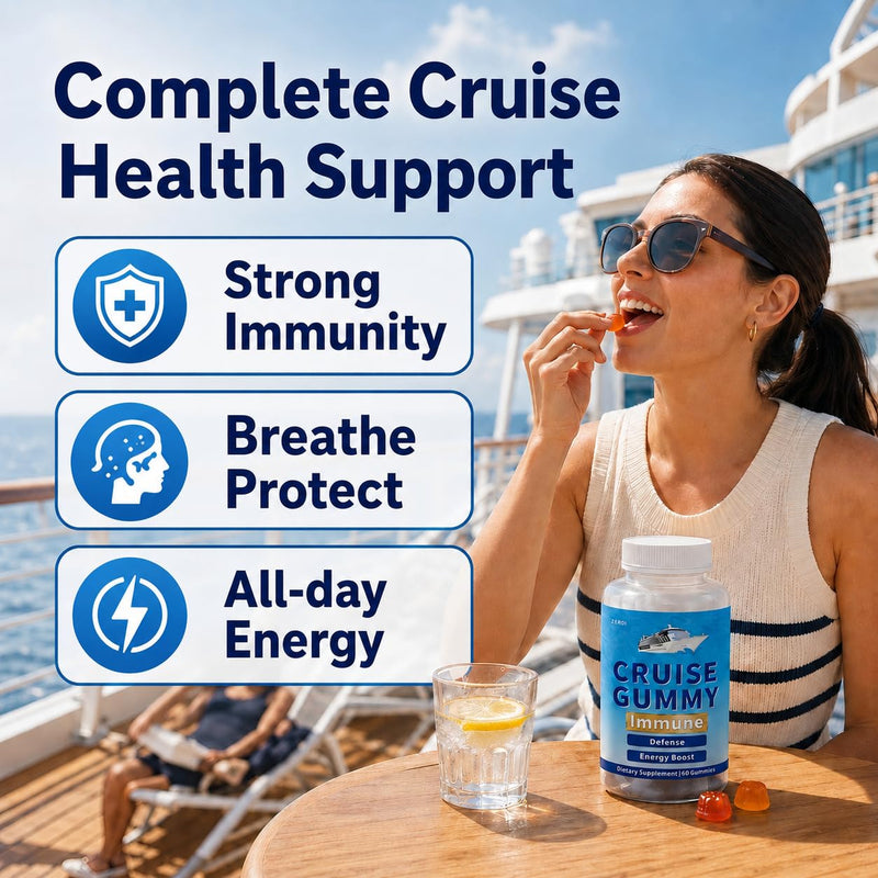Cruise Gummies, Immune Support, Travel Immunity Defense & Energy, with Vitamin C, Zinc, Elderberry, 60 Chewable Gummies