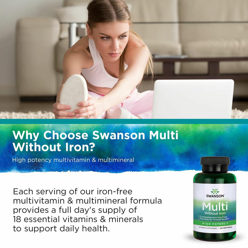 Swanson Multi Without Iron Daily Multivitamin for Adults Who Do Not Need Additional Iron - Complete Mineral and Vitamin Formula (120 Softgels, 2 Pack)