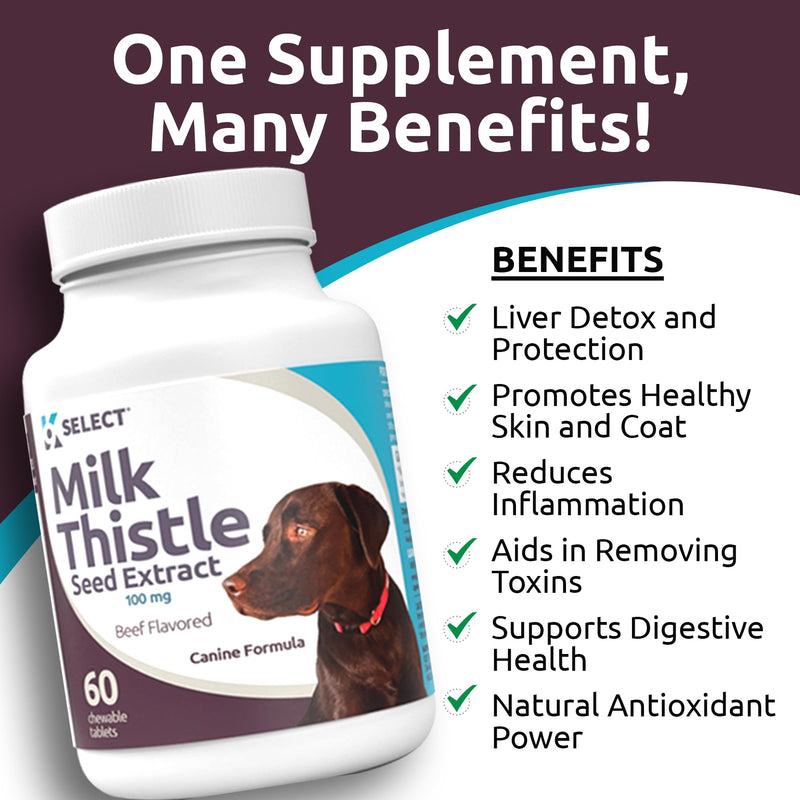 K9 Select Milk Thistle for Dogs, 100mg - 60 Beef Flavored Tablets - Canine Liver Health Natural Milk Thistle Supplement - PawsPlanet Australia