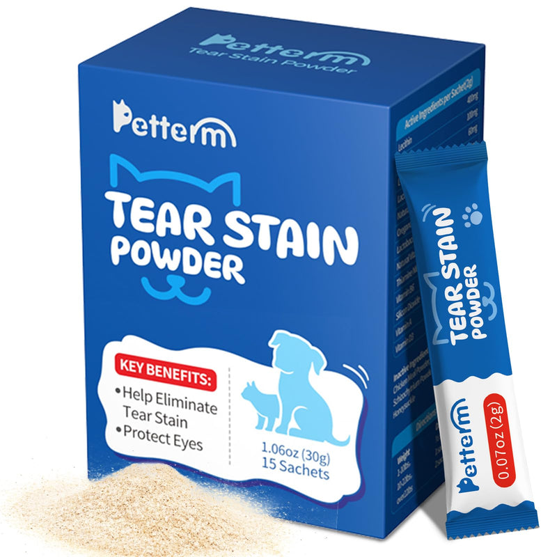 PETTERM Tear Stain Powder for Dogs and Cats - Internal Eye Health Supplement with 6 Billion CFU Probiotics & Lactoferrin - 15 Pre-Measured Sachets, Picky Eater Approved Chicken Flavor (1.06oz)