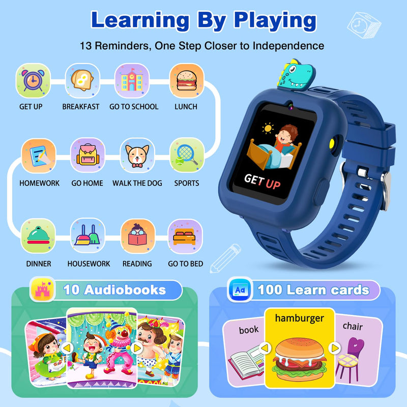 Smart Watch for Kids Boys Gift Age 3-12 with 39 Games Camera Video Alarm Clock Music Pedometer Flashlight 12/24 hr HD Touch Screen Kids Watch Birthday Toys for Boys Ages 4 5 6 7 8 9 10(Blue) Blue