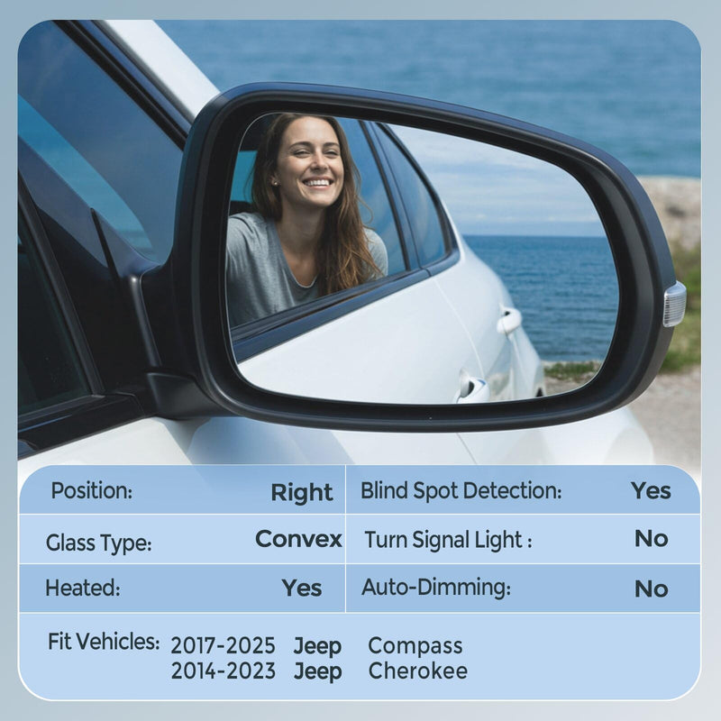 Passenger Right Side Mirror Glass - Compatible with Jeep Vehicles - Compass 2017-2025, Cherokee 2014-2023, with Heated/Blind Spot Detection, without Auto Dimming, Replace# 68368582AA Passenger Side