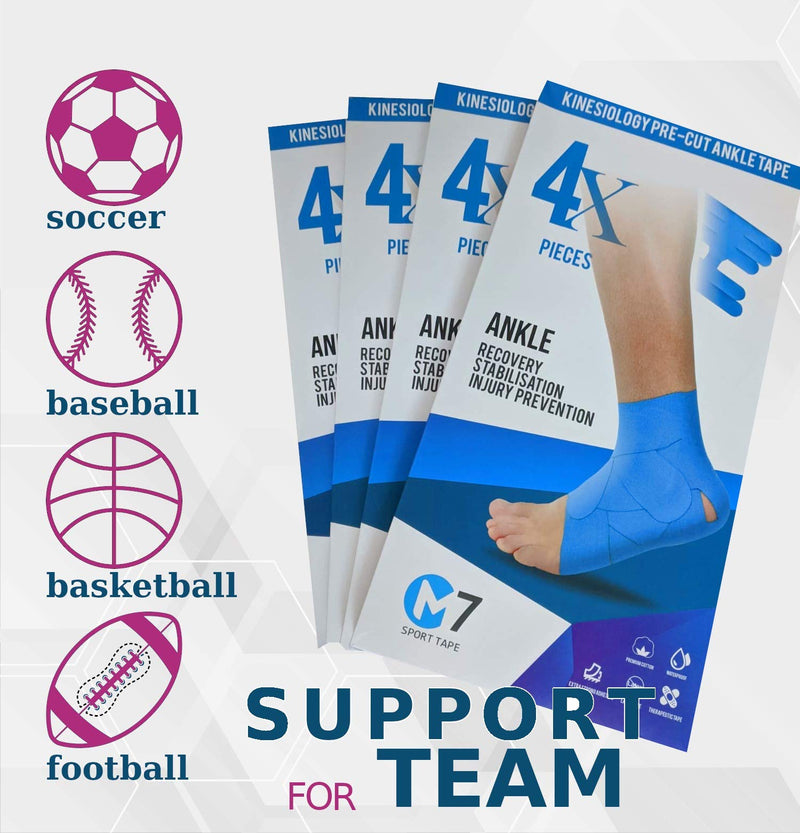 M7 Sport Kinesiology Ankle Tape for Ankle Sprain and Injury Recovery, Pain Relief Therapeutic Tape, Ankle Brace Compression Support, Plantar Fasciitis, Waterproof, Eases Swelling (Blue, 4-Pack) Blue
