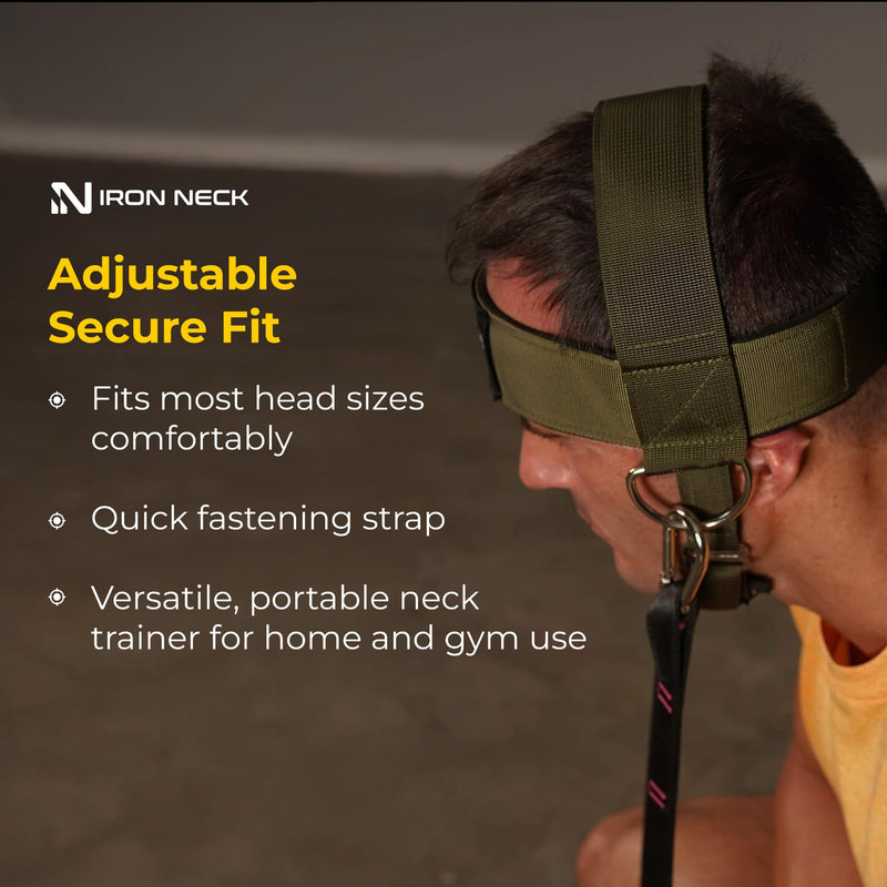 Iron Neck , Versatile Neck Exerciser, Strengthener and Trainer with Adjustable Head and Chin Strap, Portable Head Harness for Weight Lifting, Home and Gym Use Olive Green - Classic Harness