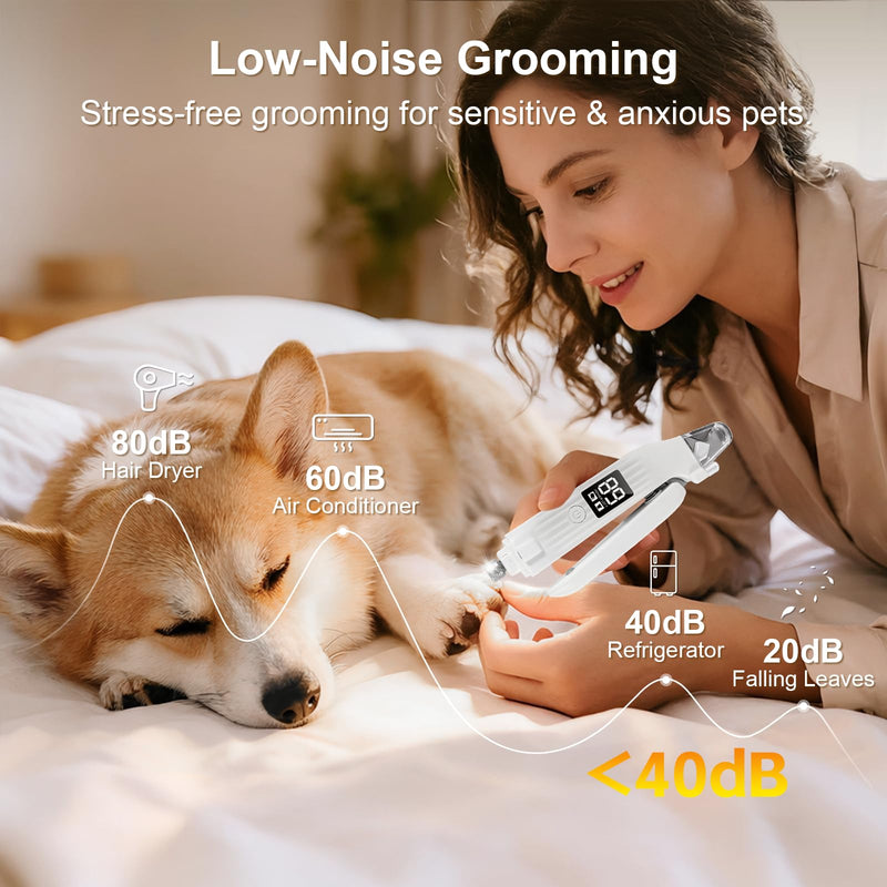 SZMDLX Dog Nail Clippers with Light, 2-in-1 Dog and Cat Nail Clipper with Grinder, Quiet Pet Nail Trimmer for Small Medium Large Dogs and Cats, USB Rechargeable White